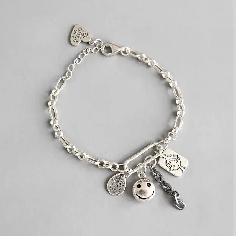 Lovcia Retro Smile Face Waterdrop Heart Doll Tag 925 Sterling Silver Chain Bracelet-Bracelets-