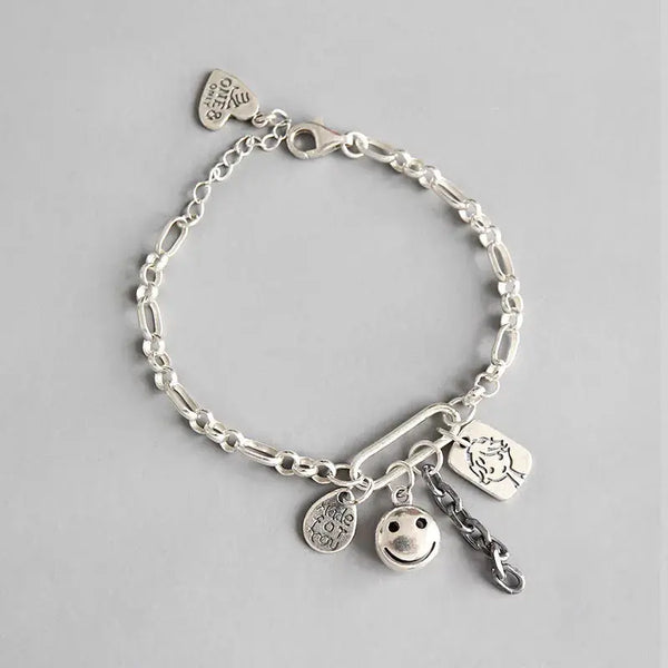 Lovcia Retro Smile Face Waterdrop Heart Doll Tag 925 Sterling Silver Chain Bracelet-Bracelets-