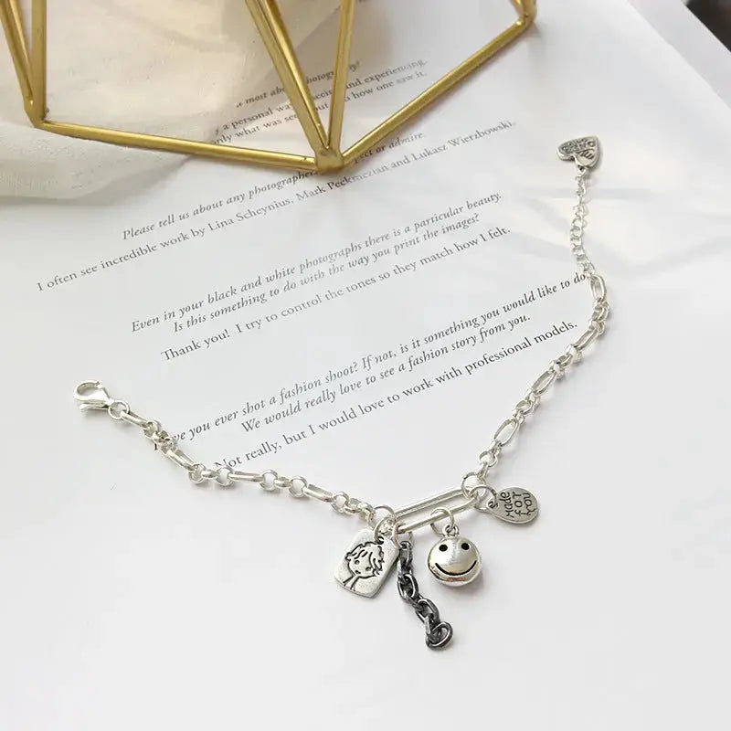Lovcia Retro Smile Face Waterdrop Heart Doll Tag 925 Sterling Silver Chain Bracelet-Bracelets-