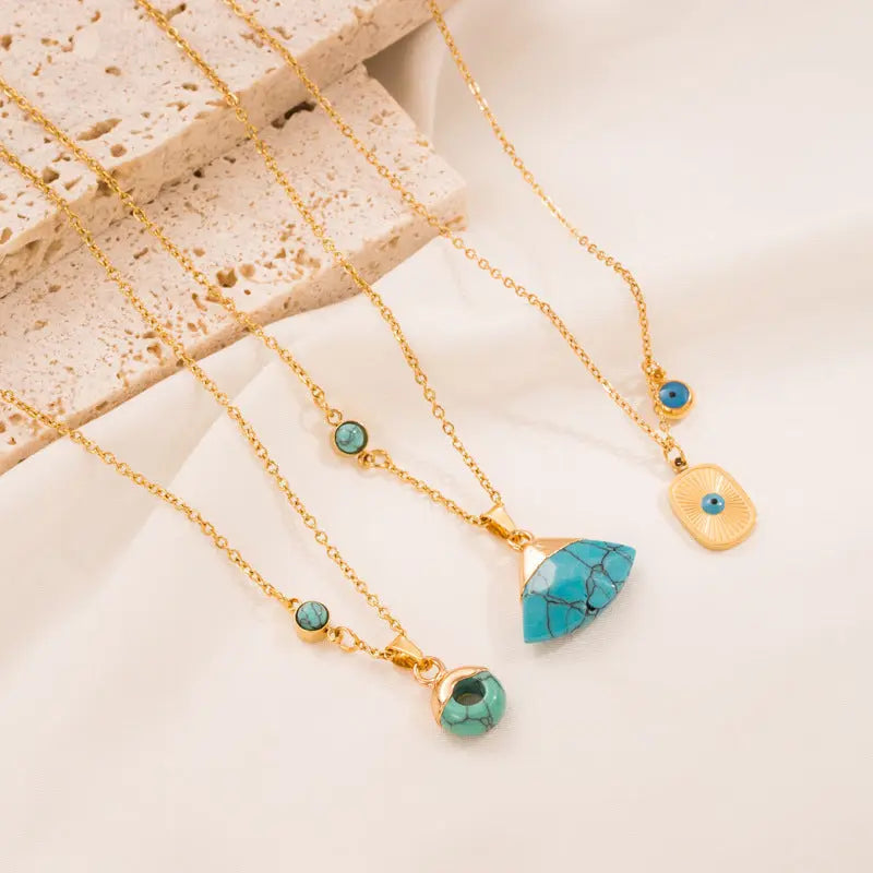 Lovcia Retro Style Turquoise Leaf Titanium Steel Necklace for Women-Necklaces-Round-Round