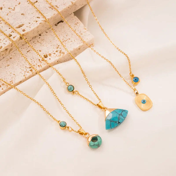 Lovcia Retro Style Turquoise Leaf Titanium Steel Necklace for Women-Necklaces-Round-Round
