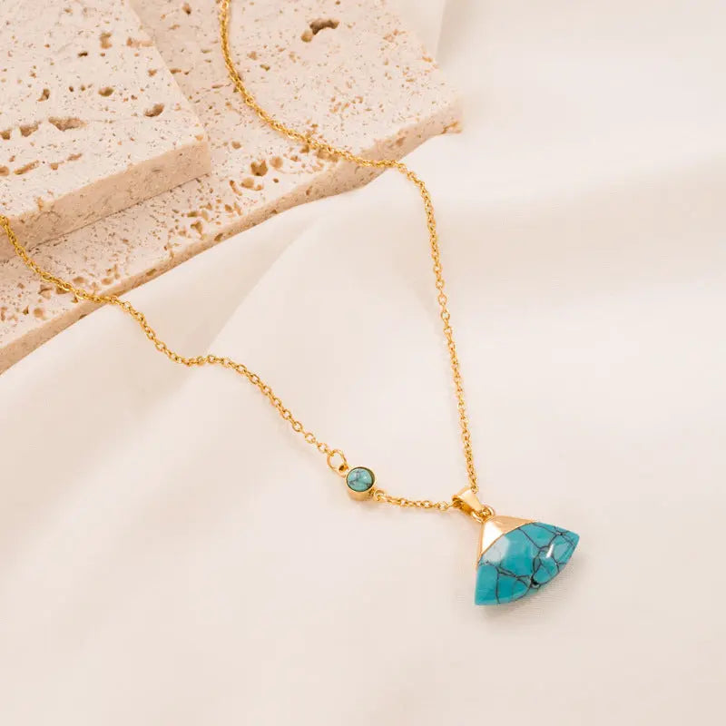 Lovcia Retro Style Turquoise Leaf Titanium Steel Necklace for Women-Necklaces-Round-Round