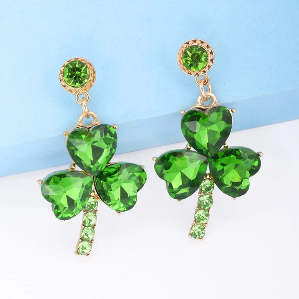 Lovcia Rhinestone Alloy Lucky Clover Dangle Earrings-Earrings-Mid Green-One Size-Mid Green