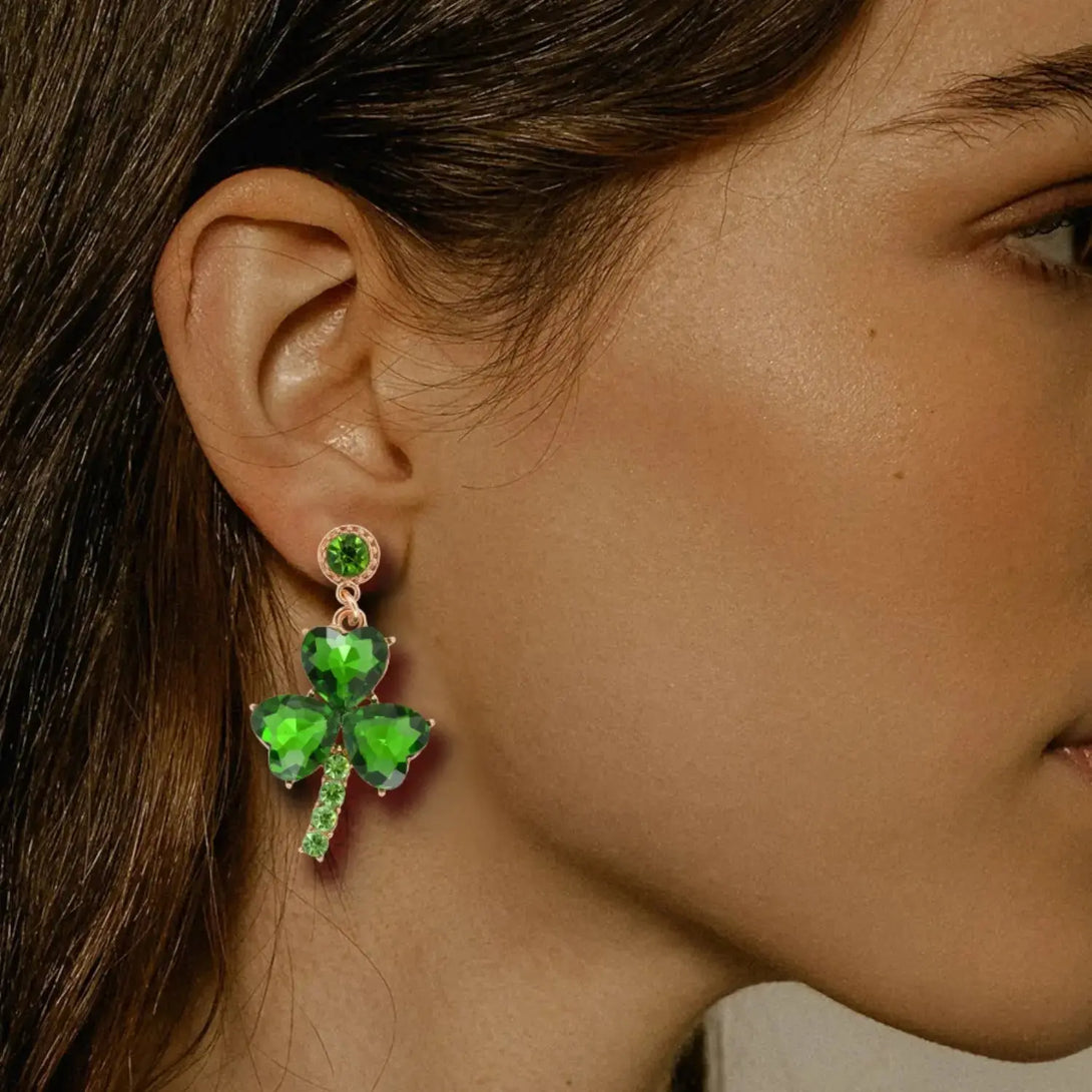 Lovcia Rhinestone Alloy Lucky Clover Dangle Earrings-Earrings-Mid Green-One Size-Mid Green