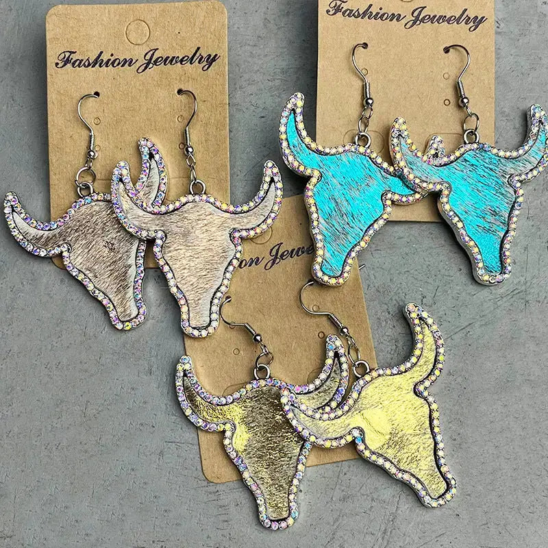 Lovcia Rhinestone Bull Earrings-Earrings-Khaki-One Size-Khaki