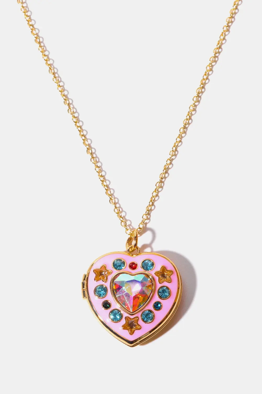 Lovcia Rhinestone Decor Heart Box Pendant Necklace-Necklaces-Gold/Pink-One Size-Gold/Pink