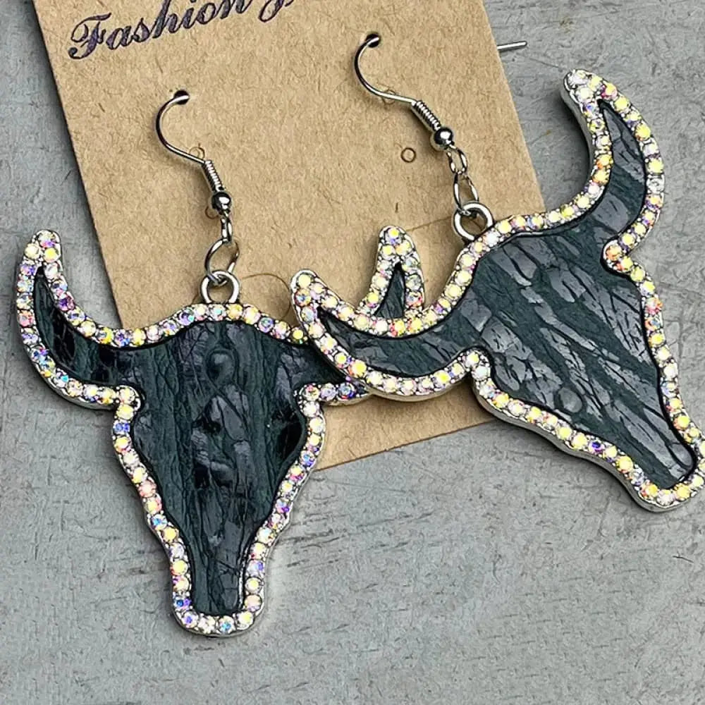 Lovcia Rhinestone Trim Alloy Bull Earrings-Earrings-Black-One Size-Black