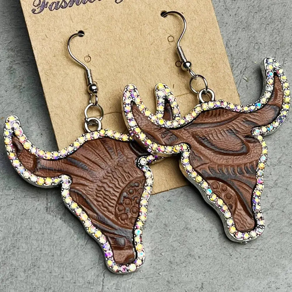 Lovcia Rhinestone Trim Alloy Bull Earrings-Earrings-Burnt Umber-One Size-Burnt Umber