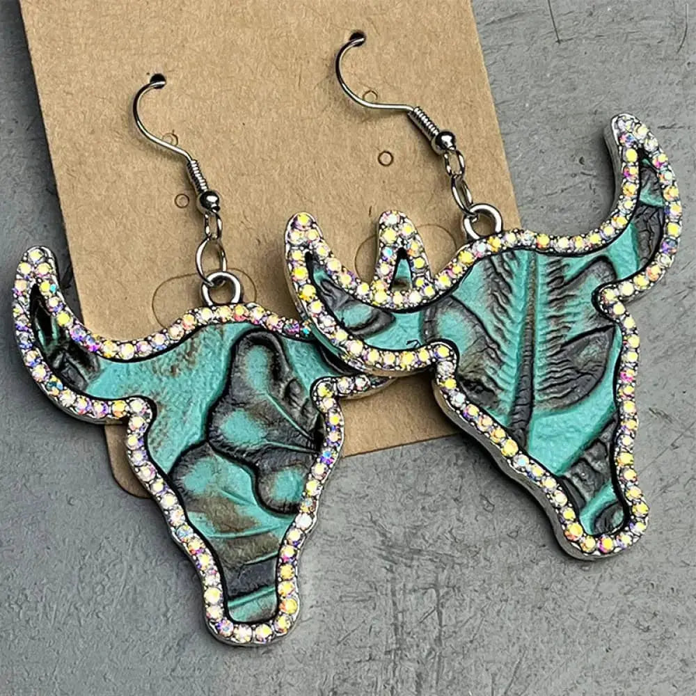 Lovcia Rhinestone Trim Alloy Bull Earrings-Earrings-Turquoise-One Size-Turquoise