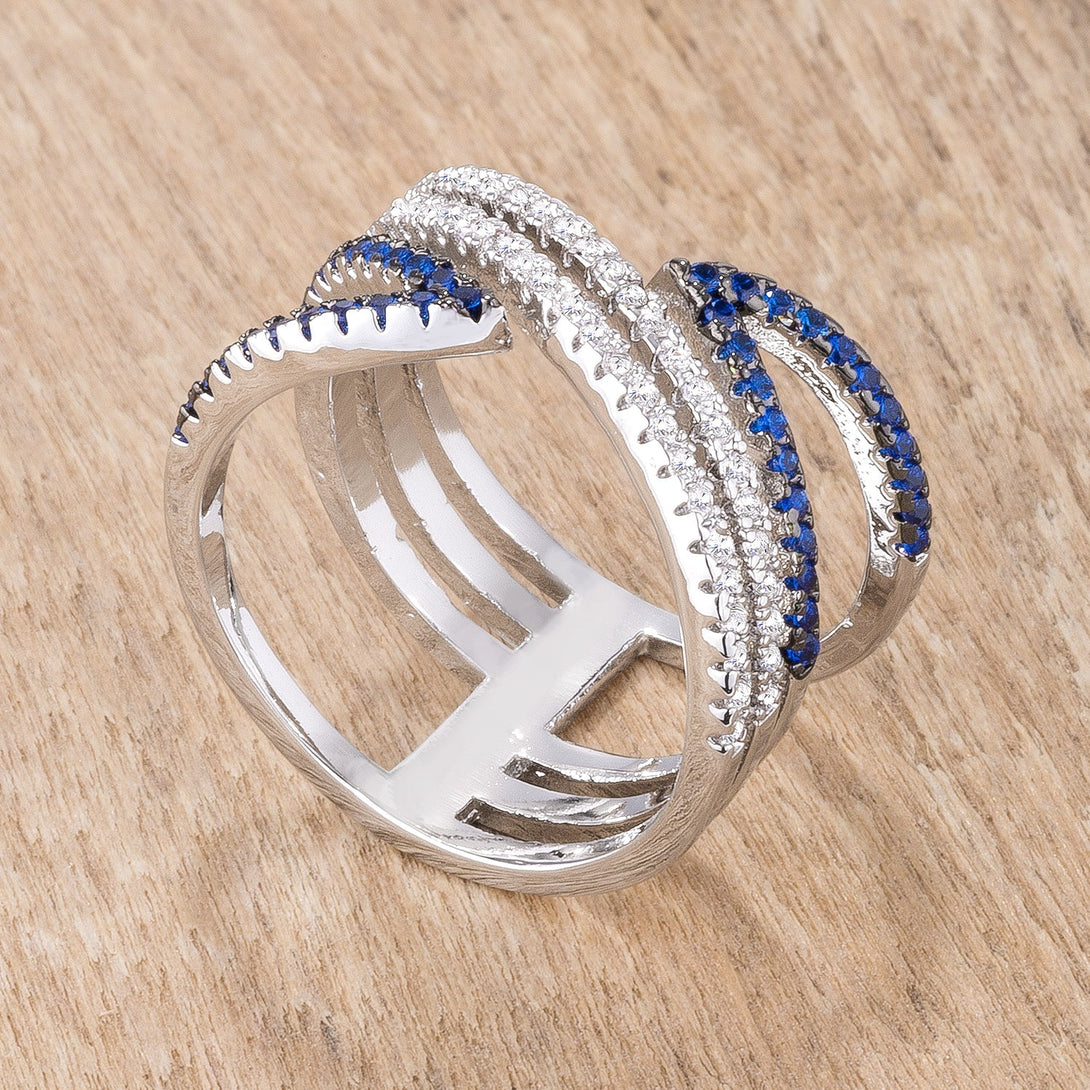 Lovcia Rhodium and Hematite Plated Micro Pave Crossover with Blue and Clear CZ Stones, .46Ct-Rings-5-5