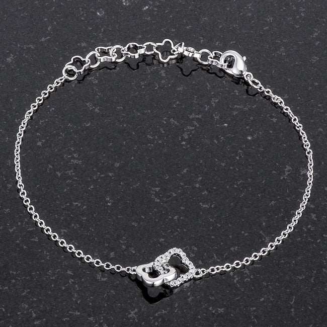 Lovcia Rhodium-Plated Floral Link Bracelet with .1 Ct Cubic Zirconia-Bracelets-