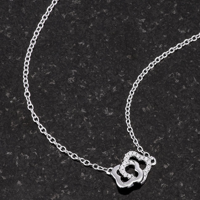Lovcia Rhodium-Plated Floral Link Necklace with 0.21 Ct Cubic Zirconia-Necklaces-