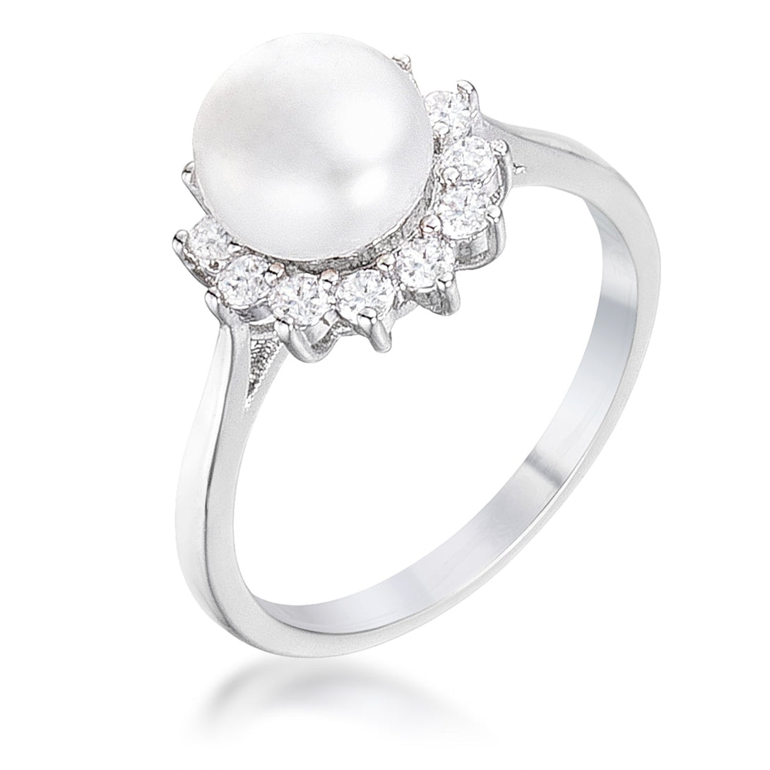 Lovcia Rhodium Plated Freshwater Pearl and CZ Round Halo Ring - .36Ct-Rings-5-5