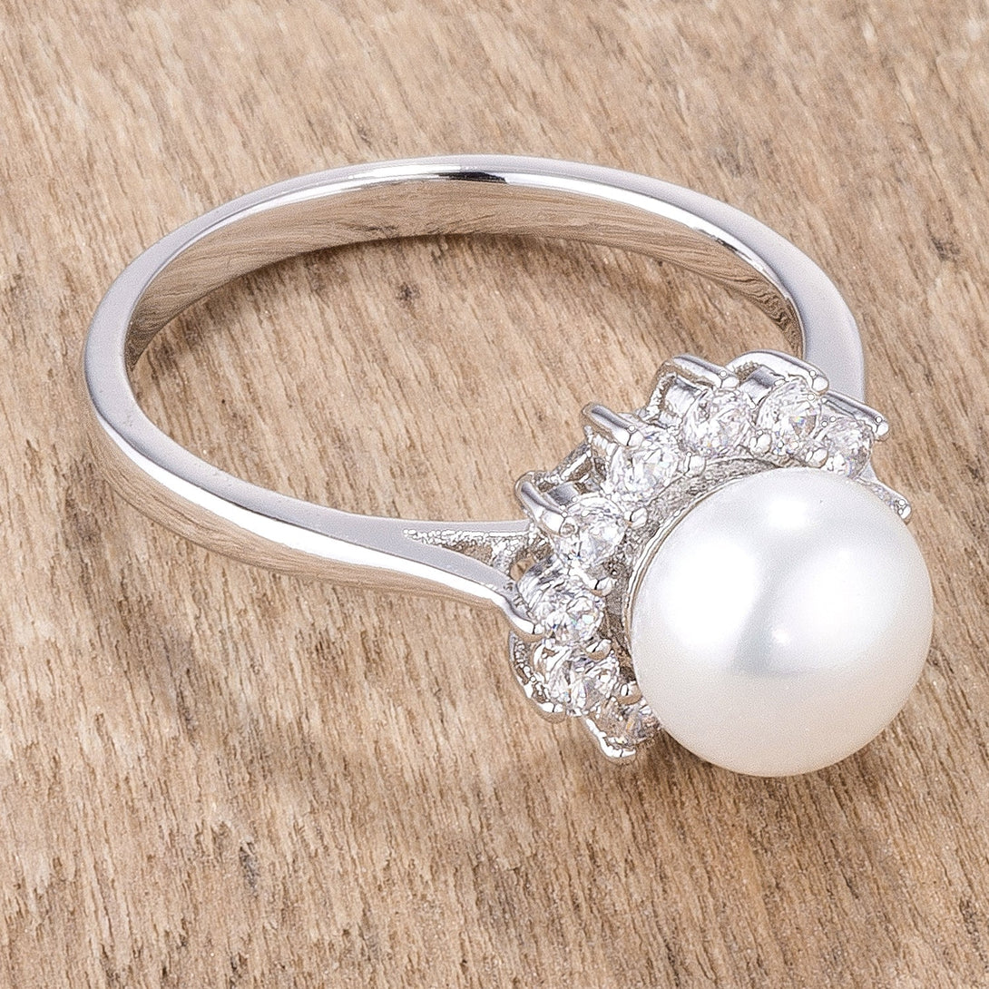 Lovcia Rhodium Plated Freshwater Pearl and CZ Round Halo Ring - .36Ct-Rings-5-5