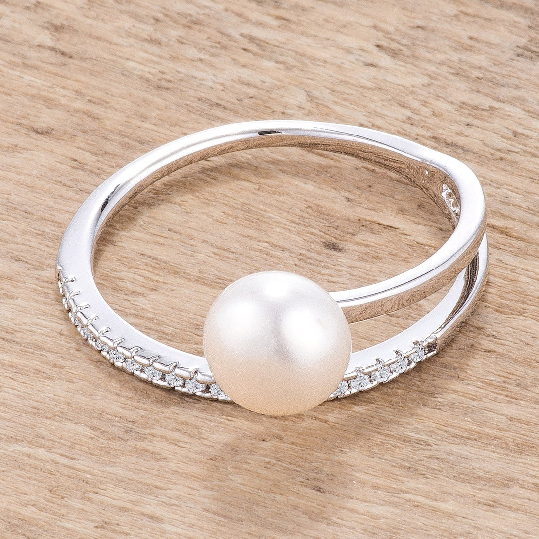 Lovcia Rhodium Plated Freshwater Pearl Ring with Princess Cut CZ Micro Pave Band .15Ct-Rings-5-5