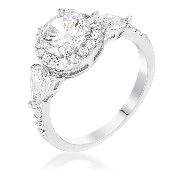 Lovcia Rhodium Plated Halo Pear and Round CZ 3-Stone Engagement Ring-Rings-5-5