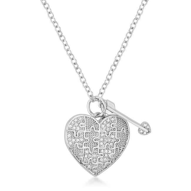 Lovcia Rhodium-Plated Heart and Arrow Necklace with Puzzle Design and CZ Stones-Pendants-