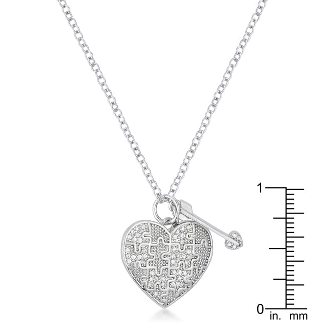 Lovcia Rhodium-Plated Heart and Arrow Necklace with Puzzle Design and CZ Stones-Pendants-