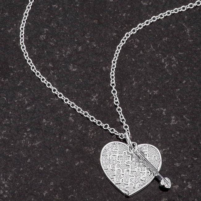 Lovcia Rhodium-Plated Heart and Arrow Necklace with Puzzle Design and CZ Stones-Pendants-