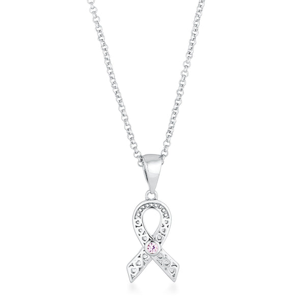 Lovcia Rhodium-Plated Heart-Filigree Ribbon Pendant for Breast Cancer Awareness-Pendants-