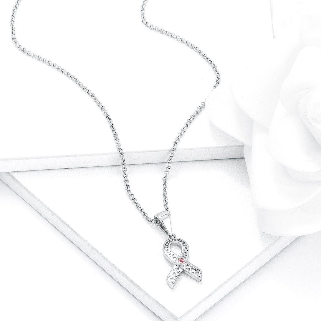 Lovcia Rhodium-Plated Heart-Filigree Ribbon Pendant for Breast Cancer Awareness-Pendants-