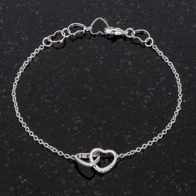 Lovcia Rhodium-Plated Interlocked Hearts Bracelet with .12 Ct CZ Sparkle-Bracelets-