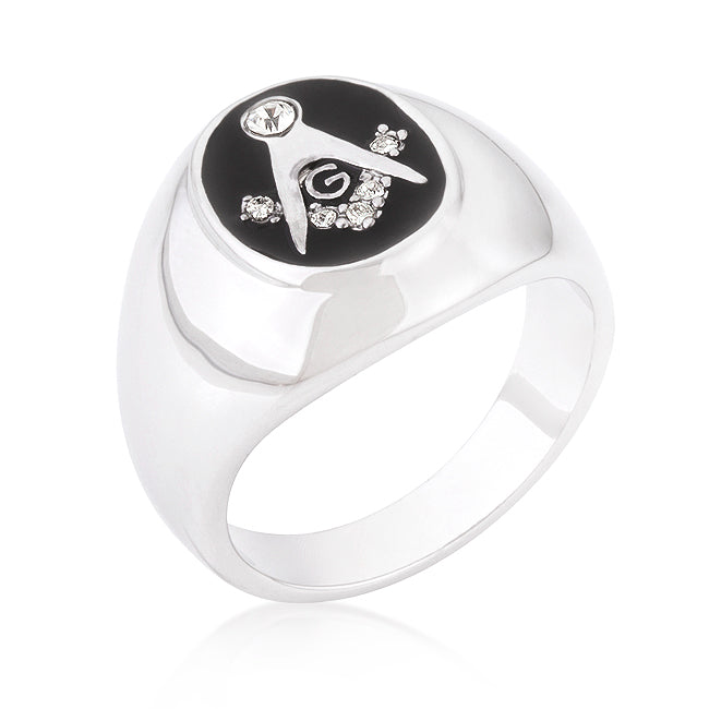 Lovcia Rhodium-Plated Masonic Ring with Onyx and Cubic Zirconia-Rings-9-9
