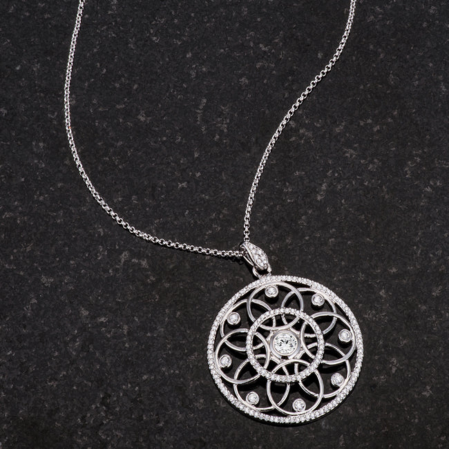 Lovcia Rhodium-Plated Necklace with 1.4 Ct CZ and Interlocking Circles Design-Pendants-