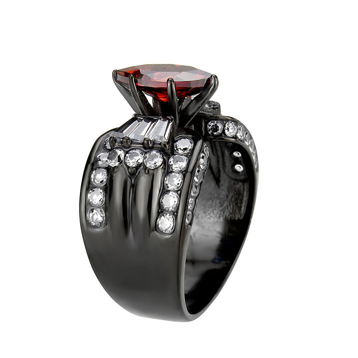 LOVCIA Black Ion-Plated Stainless Steel Ring with Garnet AAA CZ Stone - Buy stylish Rings for women - Shop latest Ring design - Trendy Rings - Unique fashion Rings - Find the perfect Ring