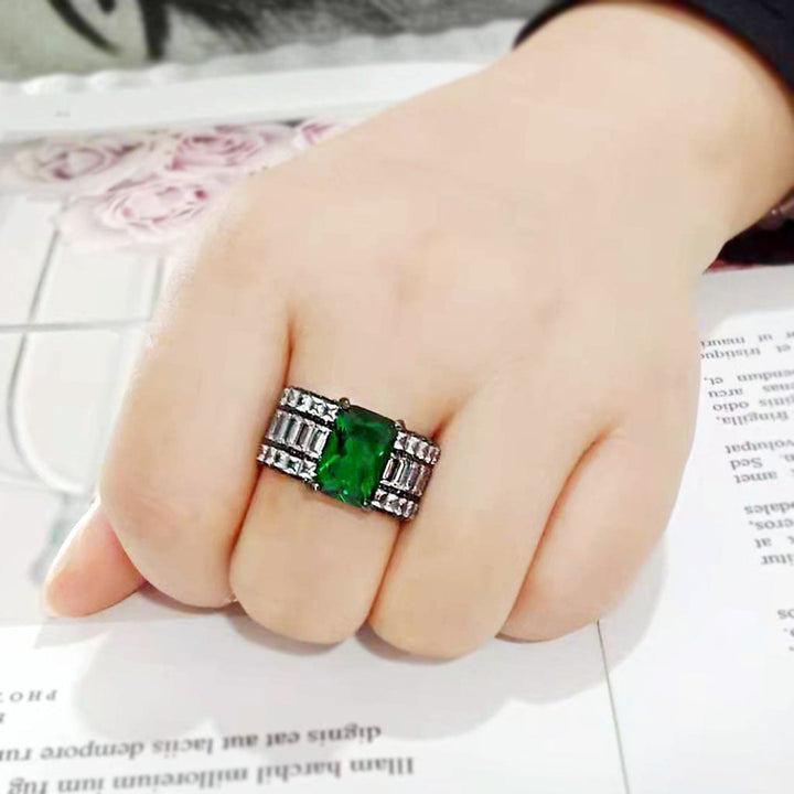 LOVCIA Ion Plated Black Stainless Steel Ring with Rectangular Synthetic Emerald Stone - Buy stylish Rings for women - Shop latest Ring design - Trendy Rings - Unique fashion Rings - Find the perfect Ring