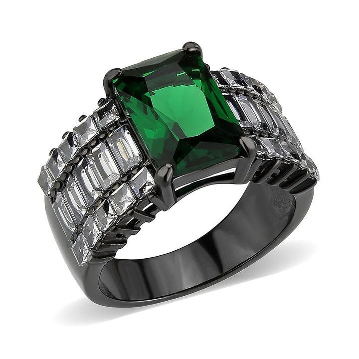 LOVCIA Ion Plated Black Stainless Steel Ring with Rectangular Synthetic Emerald Stone - Buy stylish Rings for women - Shop latest Ring design - Trendy Rings - Unique fashion Rings - Find the perfect Ring