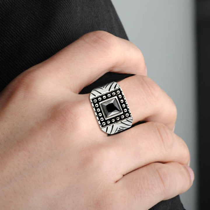 LOVCIA Sleek Stainless Steel Ring with Square Jet CZ Stone - Buy stylish Rings for women - Shop latest Ring design - Trendy Rings - Unique fashion Rings - Find the perfect Ring