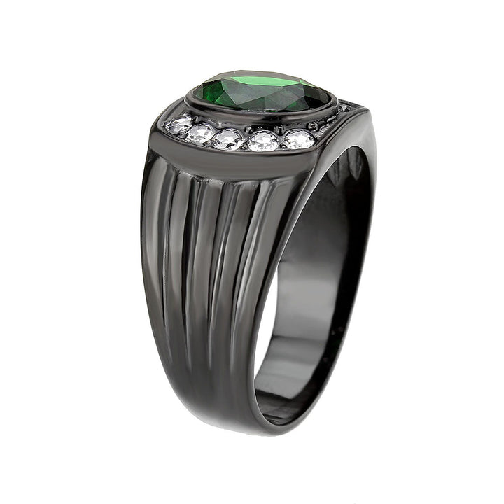 LOVCIA Stainless Steel IP Black Ring with Oval Emerald Synthetic Stone - Buy stylish Rings for women - Shop latest Ring design - Trendy Rings - Unique fashion Rings - Find the perfect Ring