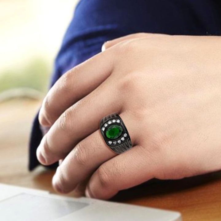 LOVCIA Stainless Steel IP Black Ring with Oval Emerald Synthetic Stone - Buy stylish Rings for women - Shop latest Ring design - Trendy Rings - Unique fashion Rings - Find the perfect Ring