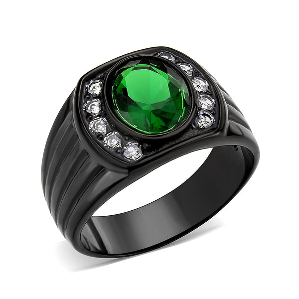 LOVCIA Stainless Steel IP Black Ring with Oval Emerald Synthetic Stone - Buy stylish Rings for women - Shop latest Ring design - Trendy Rings - Unique fashion Rings - Find the perfect Ring