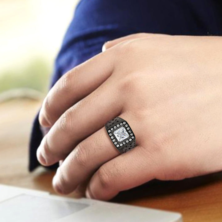 LOVCIA Black Ion-Plated Stainless Steel Ring with Square Clear CZ Stone - Buy stylish Rings for women - Shop latest Ring design - Trendy Rings - Unique fashion Rings - Find the perfect Ring