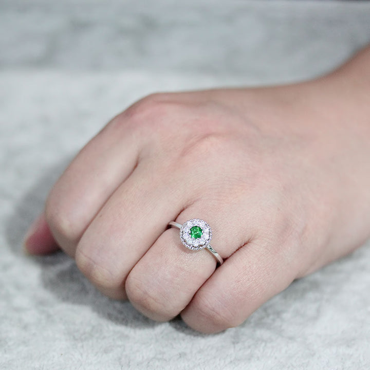 LOVCIA Rhodium-Plated Brass Ring with Round Synthetic Emerald Stone - Buy stylish Rings for women - Shop latest Ring design - Trendy Rings - Unique fashion Rings - Find the perfect Ring