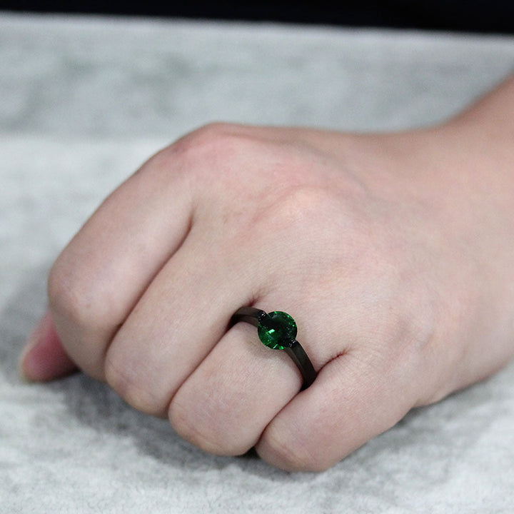 LOVCIA Emerald-Colored Synthetic Stone Ring in IP Black Stainless Steel - Buy stylish Rings for women - Shop latest Ring design - Trendy Rings - Unique fashion Rings - Find the perfect Ring