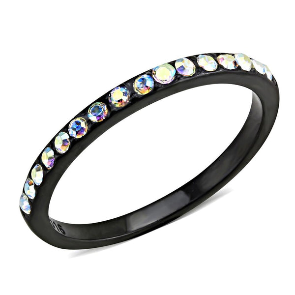 LOVCIA Ion Plated Black Stainless Steel Ring with Aurora Borealis Crystal - Buy stylish Rings for women - Shop latest Ring design - Trendy Rings - Unique fashion Rings - Find the perfect Ring