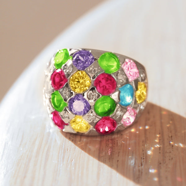 LOVCIA Leanna Multi-Color Rhodium Brass Cocktail Ring with AAA CZ - Buy stylish Rings for women - Shop latest Ring design - Trendy Rings - Unique fashion Rings - Find the perfect Ring