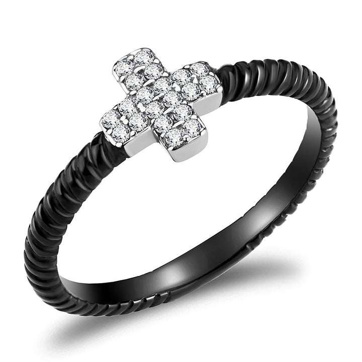 LOVCIA Two-Tone Ion Plated Black Stainless Steel Ring with Clear AAA Grade Cubic Zirconia - Buy stylish Rings for women - Shop latest Ring design - Trendy Rings - Unique fashion Rings - Find the perfect Ring