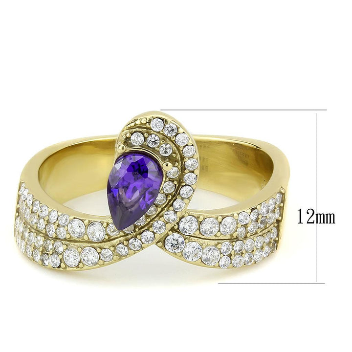 LOVCIA Gold Ion Plated Stainless Steel Ring with Tanzanite AAA CZ Stone - Buy stylish Rings for women - Shop latest Ring design - Trendy Rings - Unique fashion Rings - Find the perfect Ring