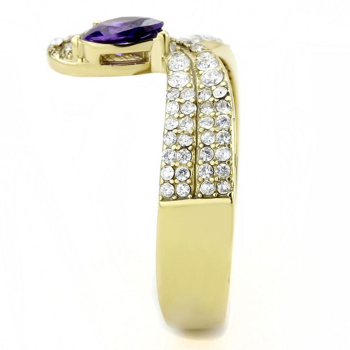 LOVCIA Gold Ion Plated Stainless Steel Ring with Tanzanite AAA CZ Stone - Buy stylish Rings for women - Shop latest Ring design - Trendy Rings - Unique fashion Rings - Find the perfect Ring