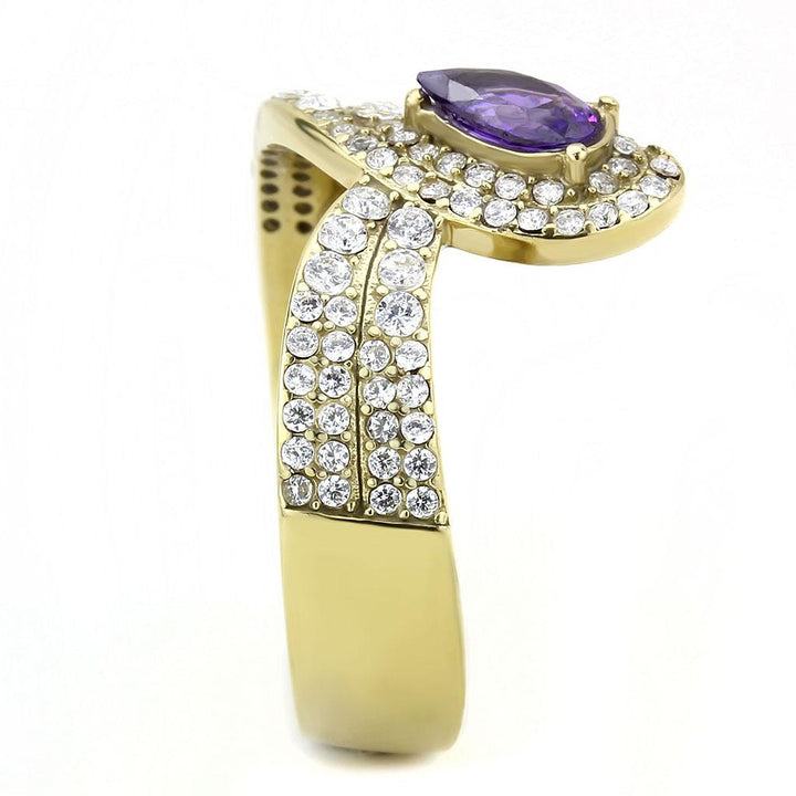 LOVCIA Gold Ion Plated Stainless Steel Ring with Tanzanite AAA CZ Stone - Buy stylish Rings for women - Shop latest Ring design - Trendy Rings - Unique fashion Rings - Find the perfect Ring