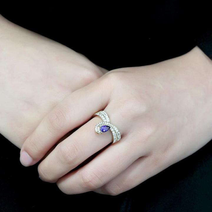 LOVCIA Gold Ion Plated Stainless Steel Ring with Tanzanite AAA CZ Stone - Buy stylish Rings for women - Shop latest Ring design - Trendy Rings - Unique fashion Rings - Find the perfect Ring