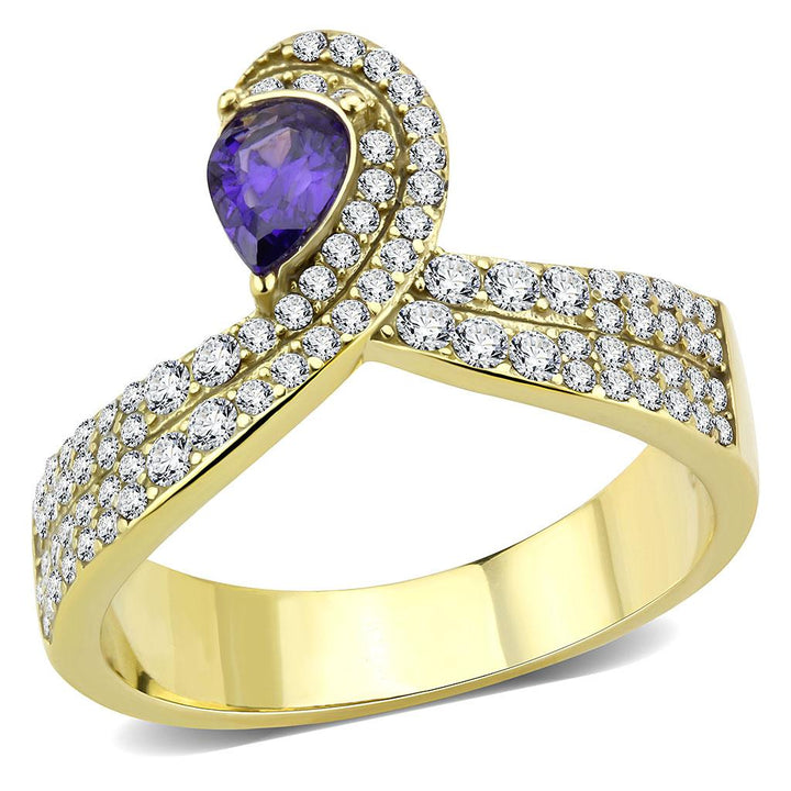 LOVCIA Gold Ion Plated Stainless Steel Ring with Tanzanite AAA CZ Stone - Buy stylish Rings for women - Shop latest Ring design - Trendy Rings - Unique fashion Rings - Find the perfect Ring