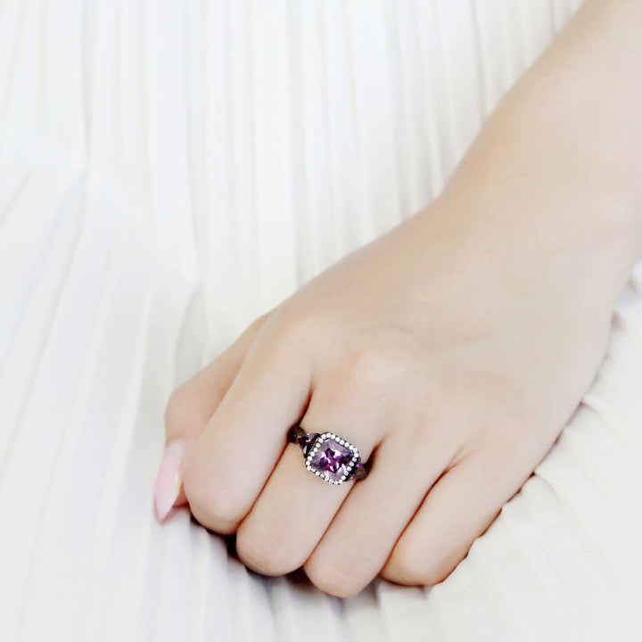 LOVCIA Black Ion-Plated Stainless Steel Ring with Amethyst AAA Grade CZ Stone - Buy stylish Rings for women - Shop latest Ring design - Trendy Rings - Unique fashion Rings - Find the perfect Ring