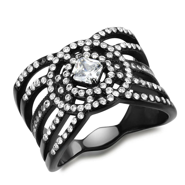 LOVCIA Sleek IP Black Stainless Steel Ring with Clear AAA Grade CZ Stone - Buy stylish Rings for women - Shop latest Ring design - Trendy Rings - Unique fashion Rings - Find the perfect Ring