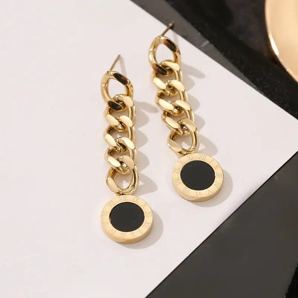 Lovcia Roman Numeral Titanium Steel Chain Drop Earrings for Women-Earrings-14K gold-14K gold
