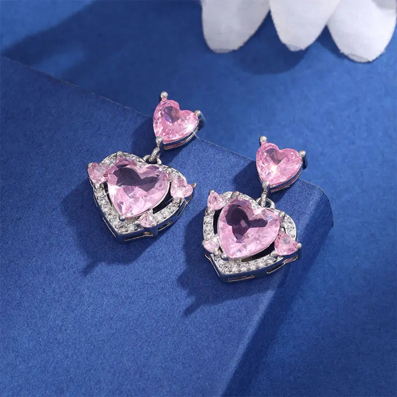 Lovcia Romantic Double Heart Pink Crystal Dangle Earrings for Women with Sparkling Halo-Earrings-Silver L0031-Silver L0031